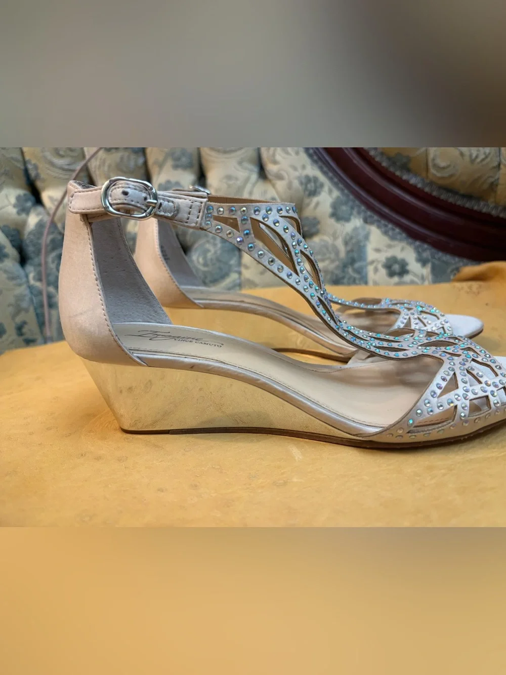 Vince Camuto Nude Crystal T‑Strap Wedge Sandals